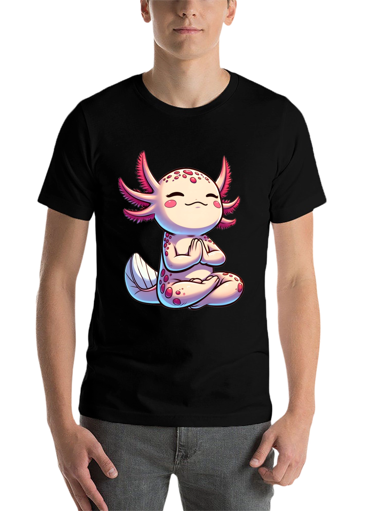 Black Zen Axolotl T-Shirt - Meditating Cute Amphibian view 7