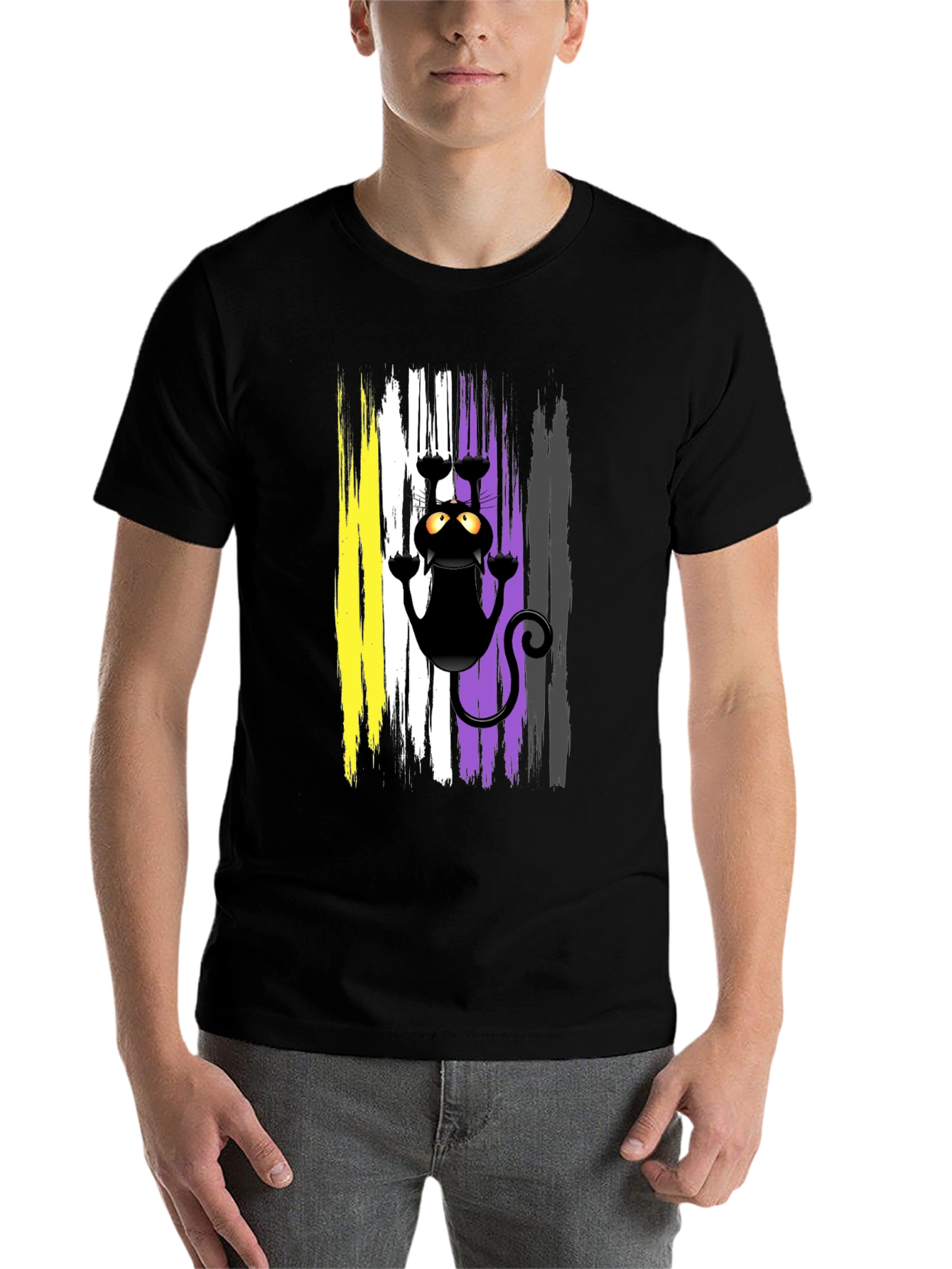 Black Non-Binary Pride Cat T-Shirt view 7