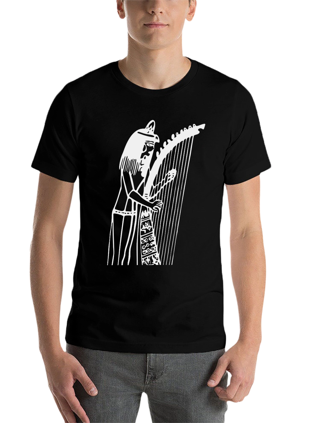 Black Egyptian Harp Player Graphic T-Shirt - Black view 7