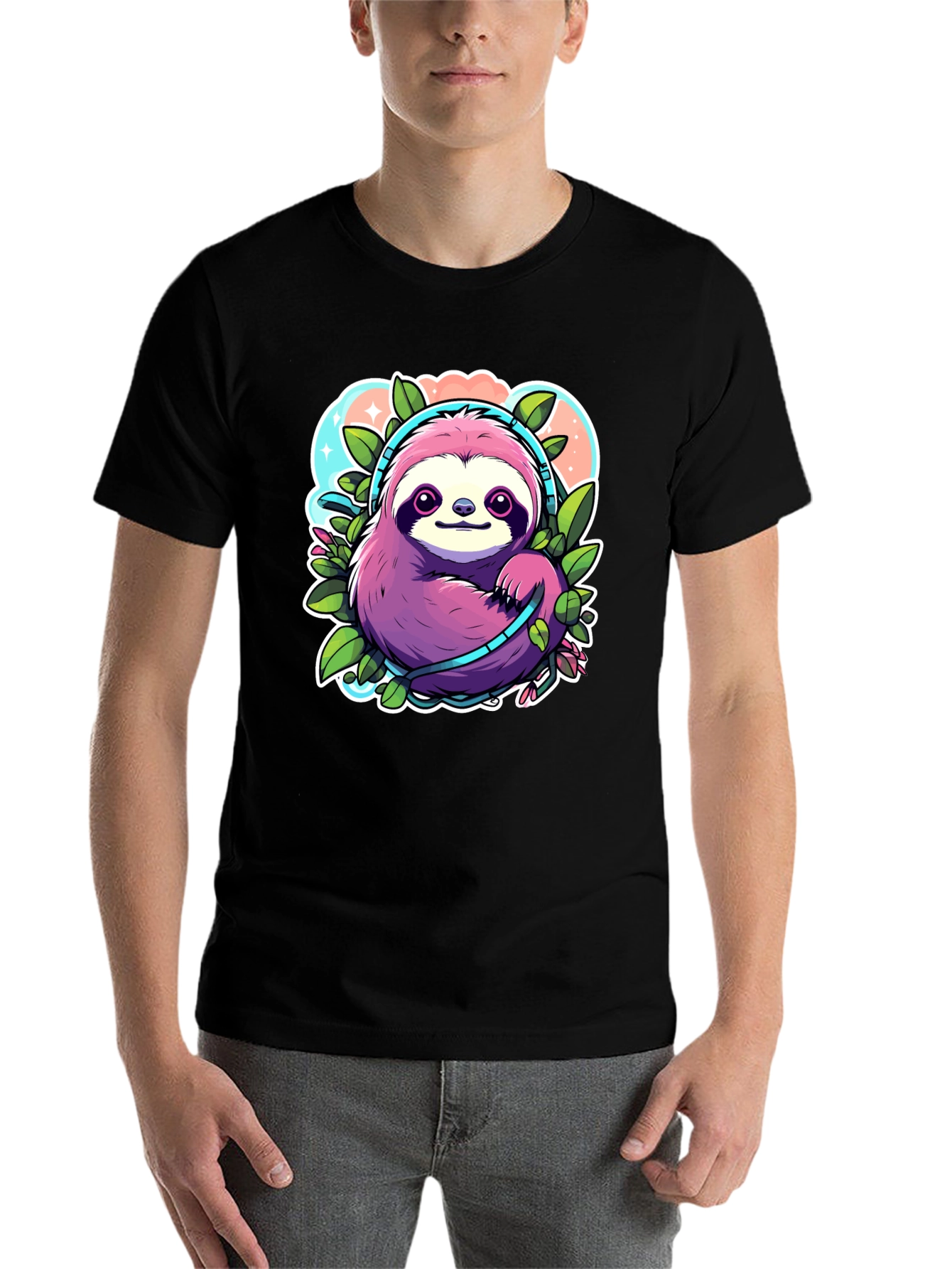 Black Sloth Headphones Graphic Tee - Cute Cartoon Animal Shirt view 7