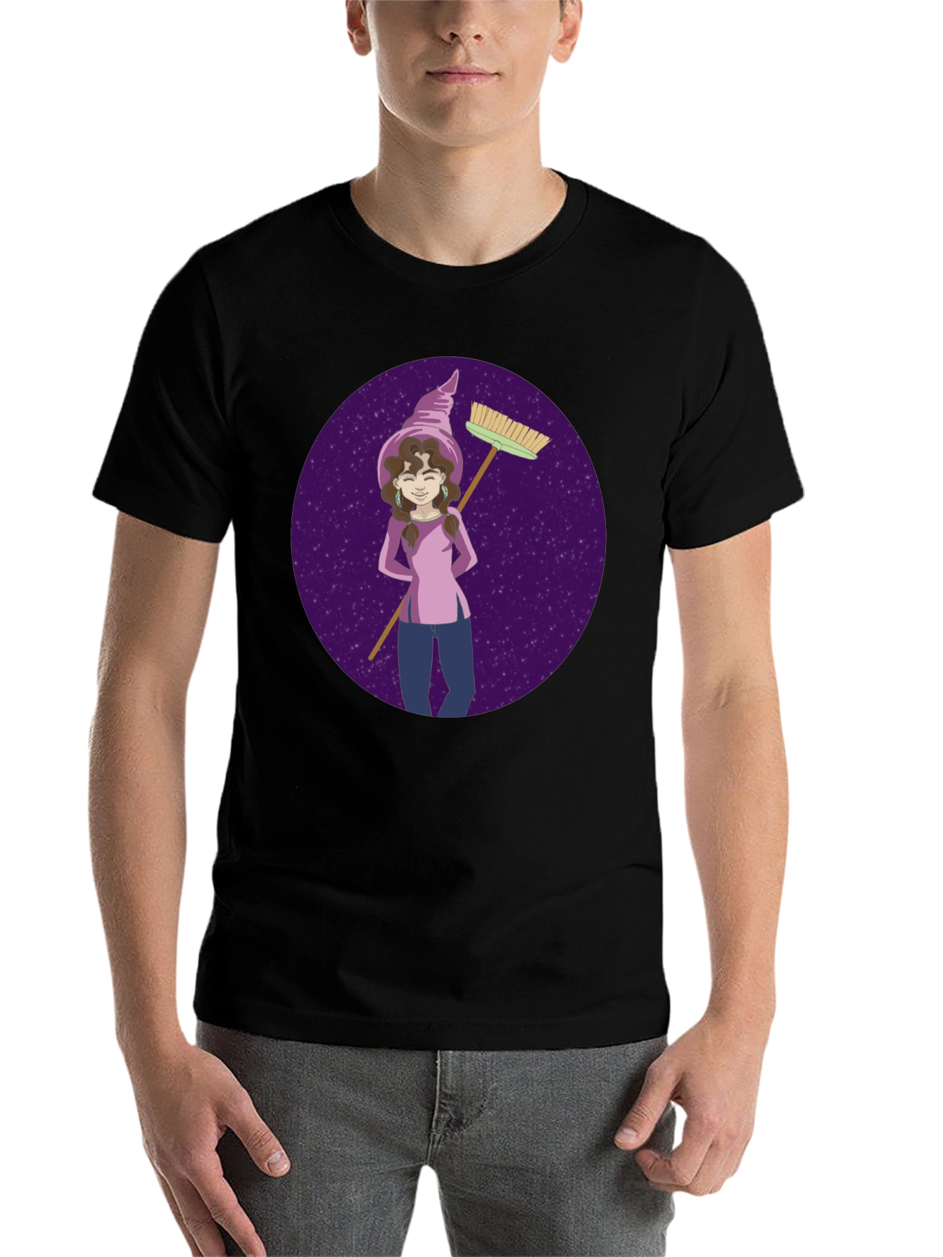 Black Whimsical Witch Graphic Tee - Broom & Stars Design view 7