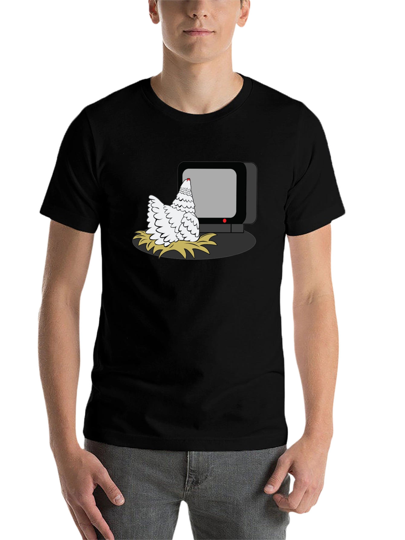 Black Chicken Watching TV Graphic T-Shirt view 7