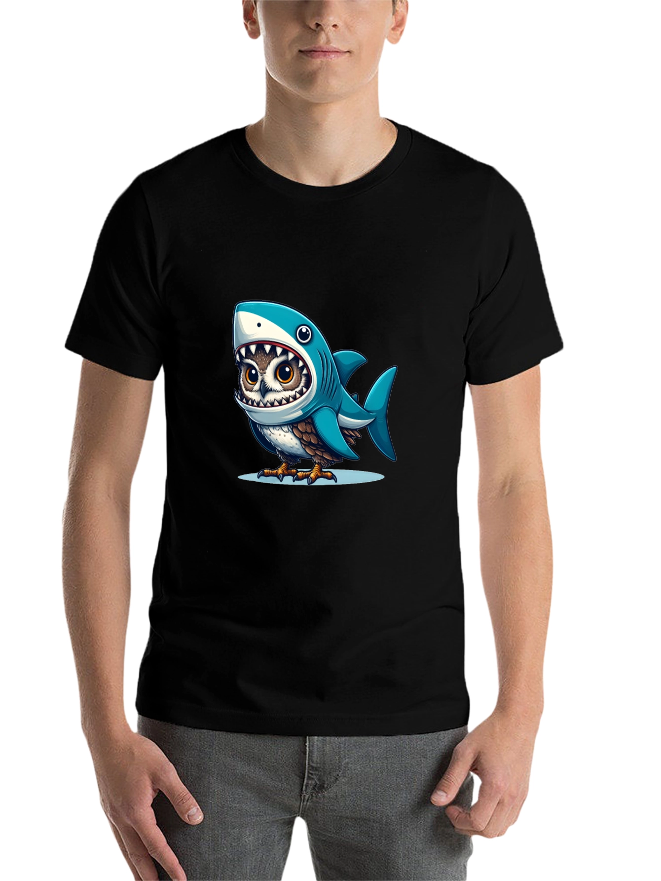 Black Shark Owl Graphic Tee - Unique Cartoon Design view 7