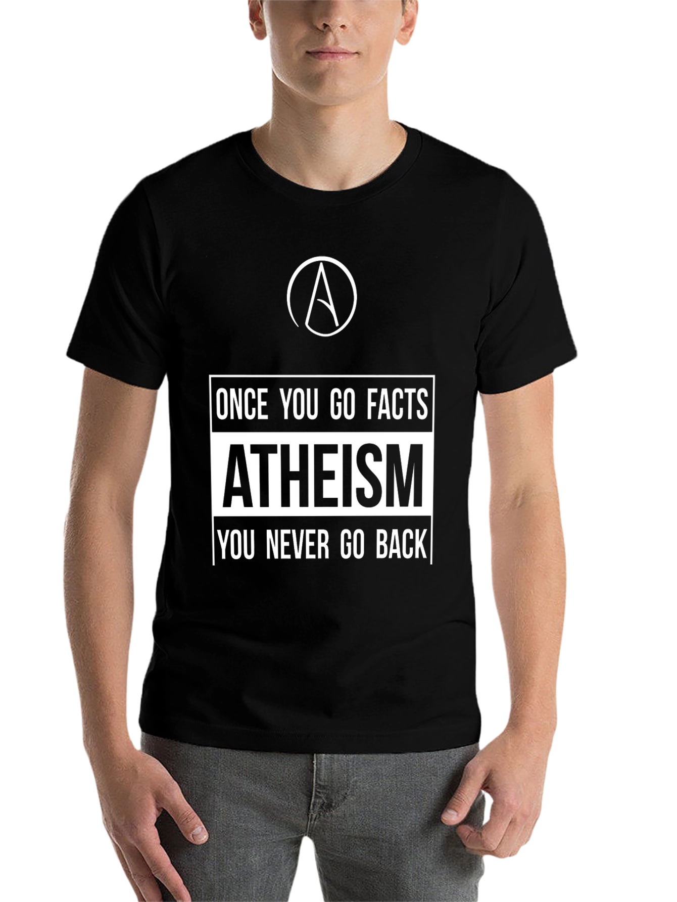 Black Atheism Facts Graphic T-Shirt - Never Go Back view 7