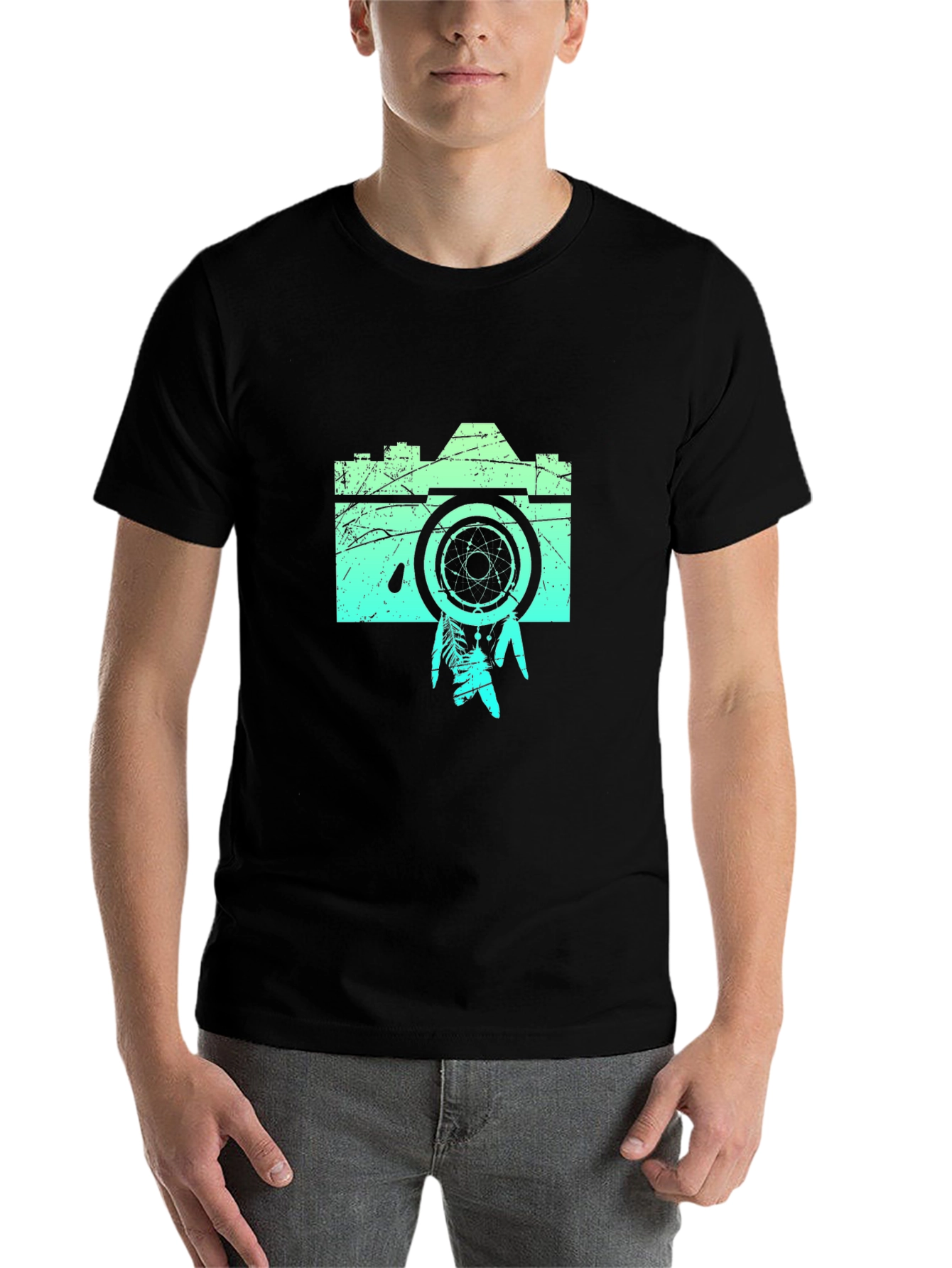 Black Retro Camera Graphic Tee -  Black Cotton Blend Shirt view 7