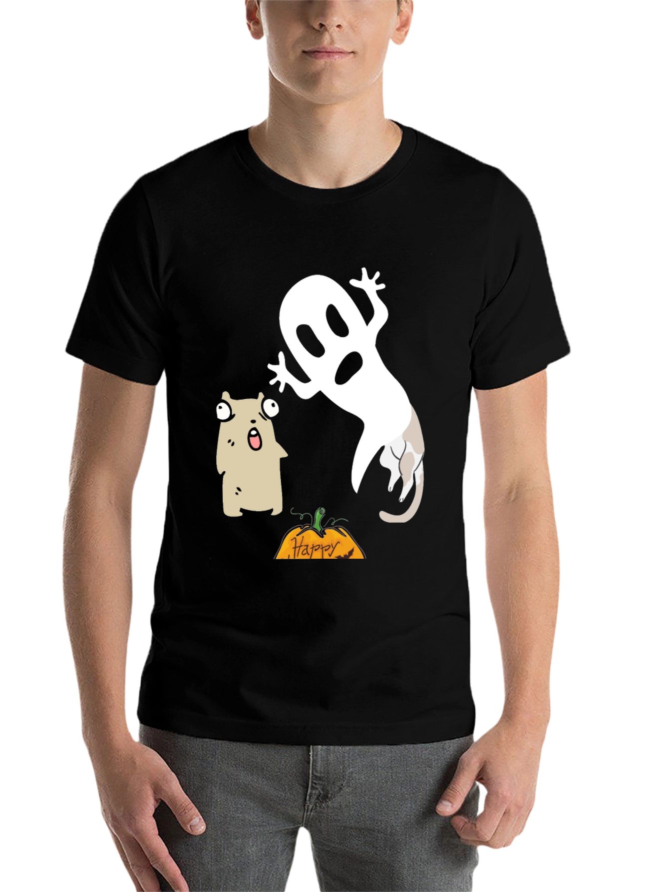 Black Halloween Ghost & Cat T-Shirt view 7
