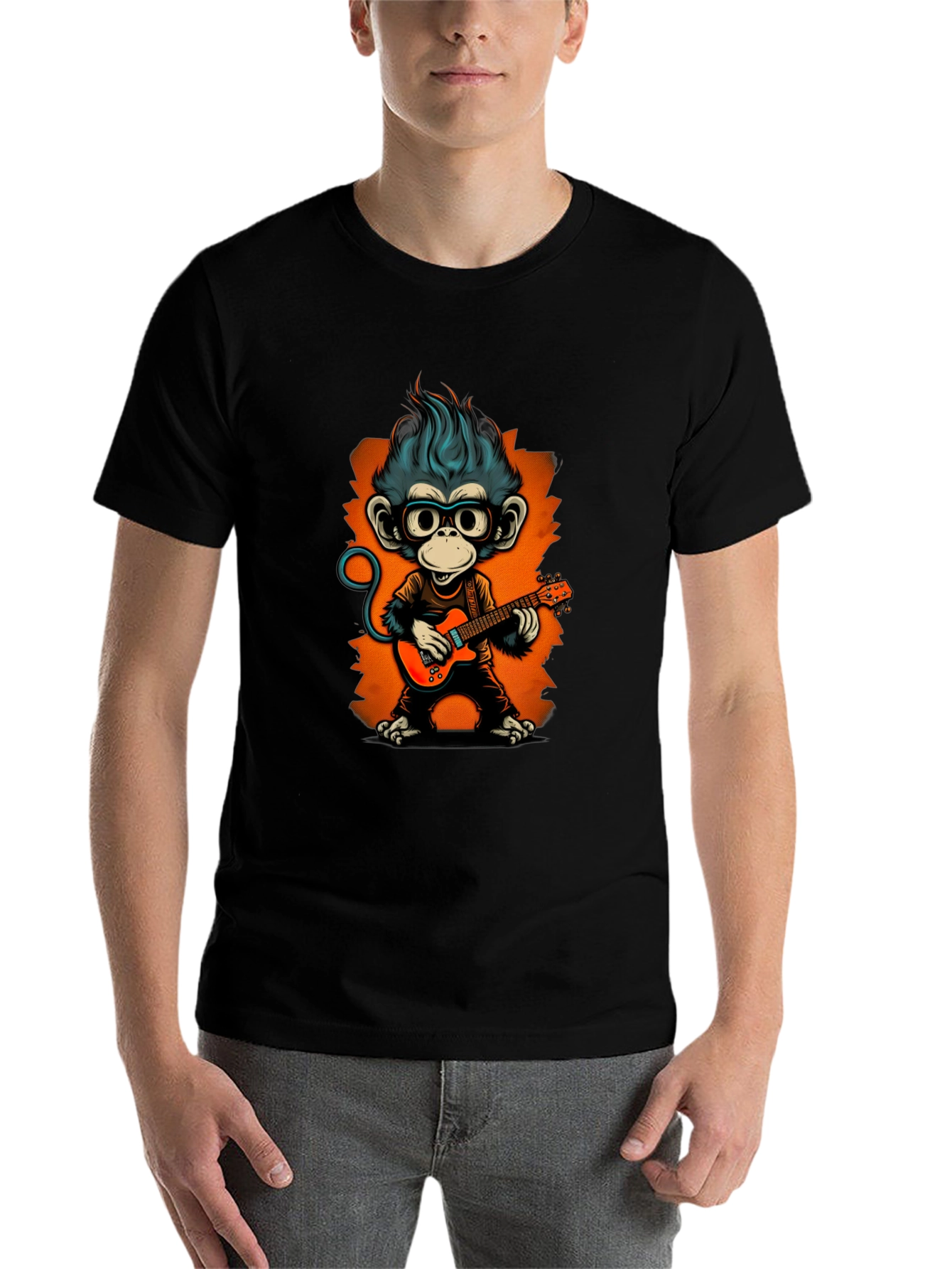 Black Cool Monkey Guitarist Graphic Tee view 7