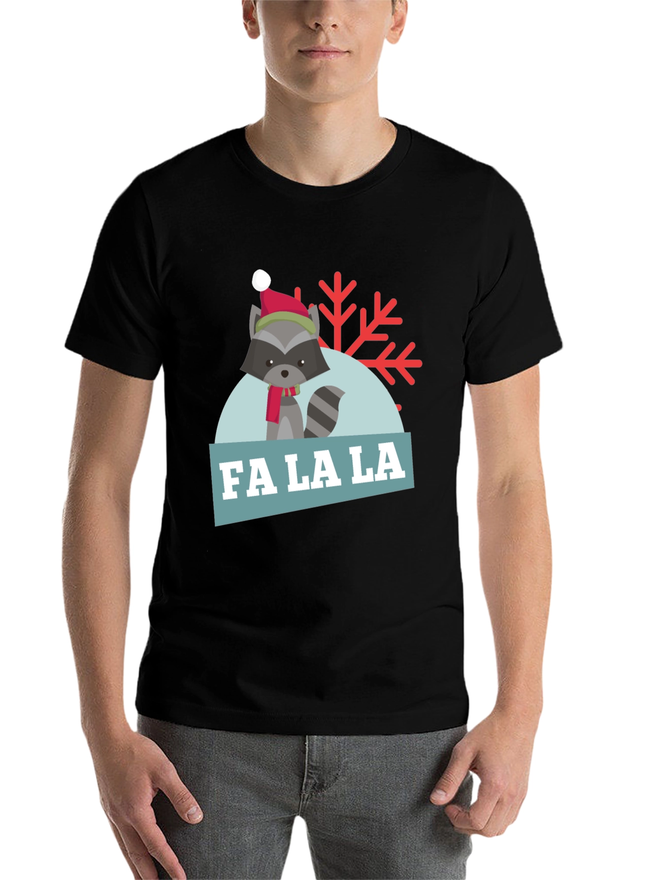 Black Festive Raccoon 'Fa La La' Holiday T-Shirt view 7