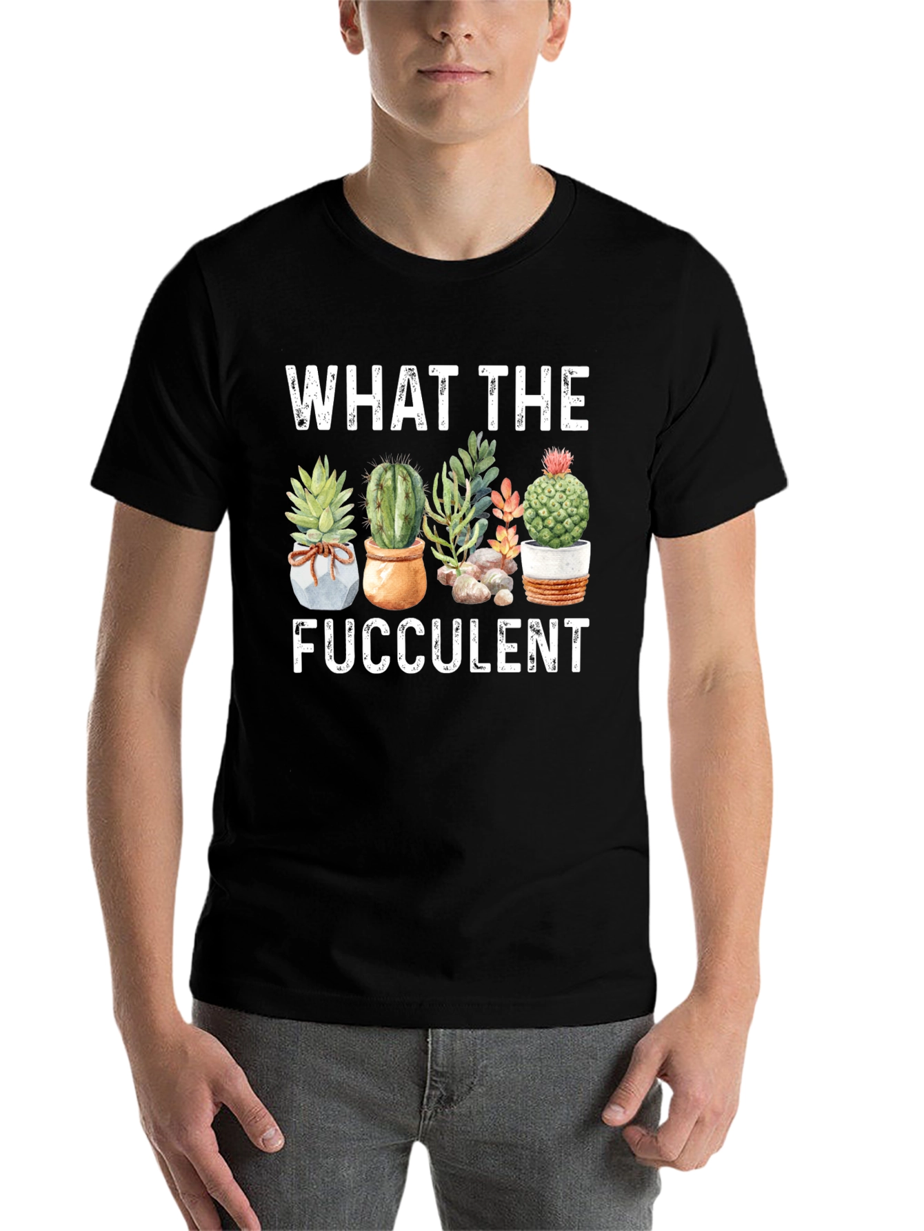 Black Funny "What The Fucculent" Graphic T-Shirt view 7