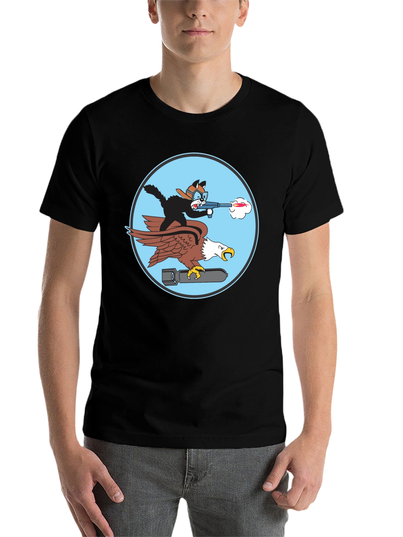 Black Cartoon Cat & Eagle T-Shirt - Funny Graphic Tee view 7