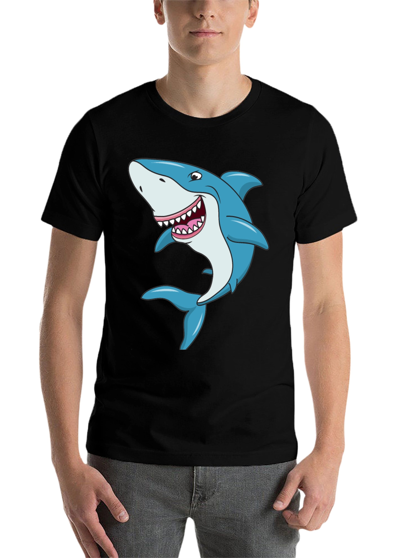 Black Cartoon Shark Graphic Tee - Black Cotton T-Shirt view 7