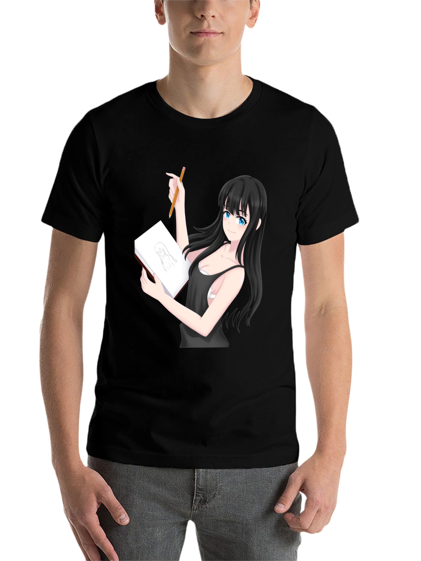 Black Anime Girl Sketch T-Shirt - Unique Design view 7
