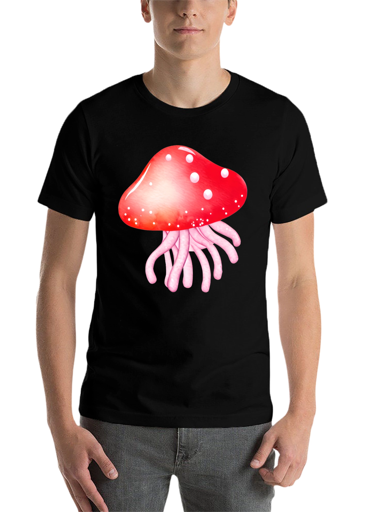 Black Mushroom Jellyfish Graphic T-Shirt - Funky Crew Neck Tee view 7