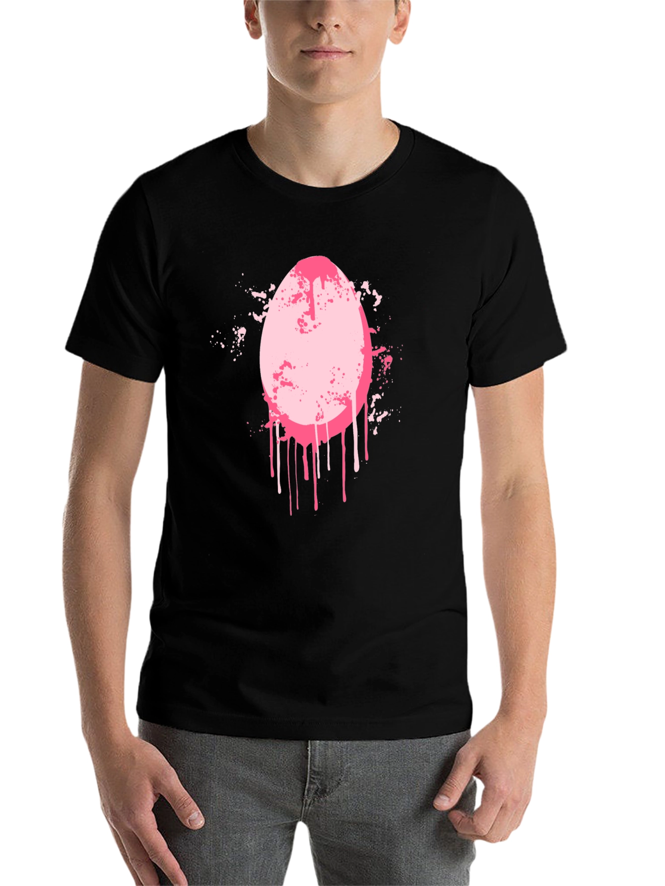 Black Men's Black T-Shirt with Pink Egg Graphic view 7