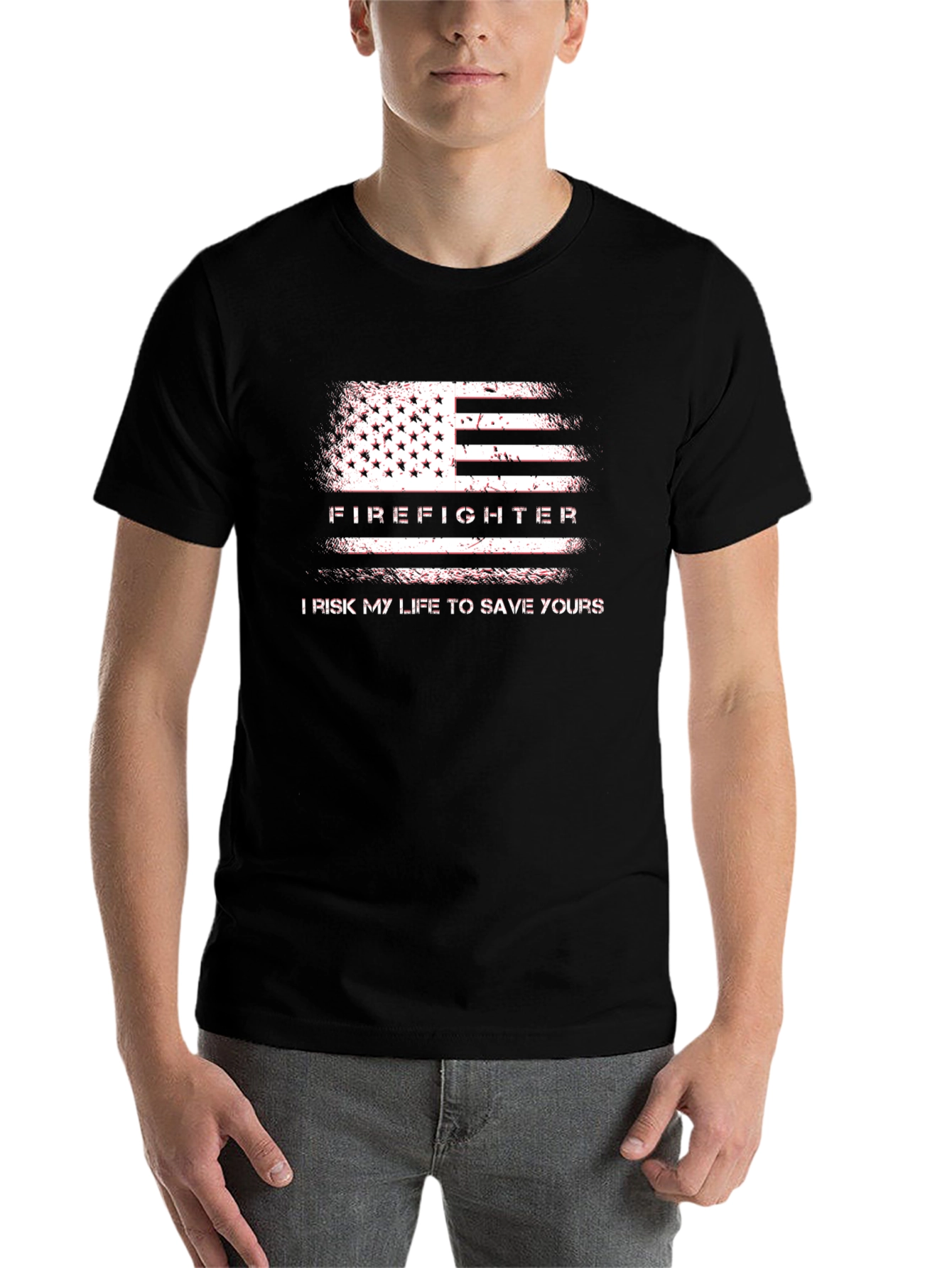 Black Firefighter American Flag T-Shirt - Risk My Life To Save Yours view 7
