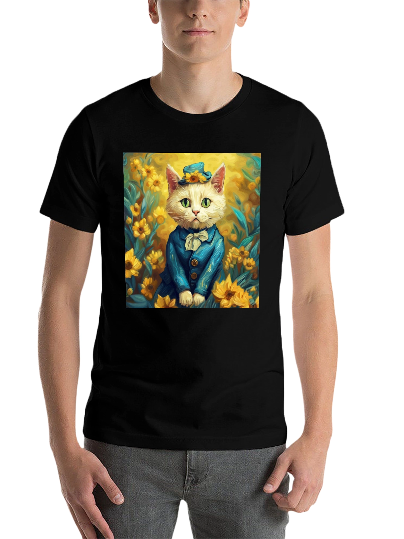 Black Cat in Sunflowers T-Shirt - Stylish Graphic Tee view 7