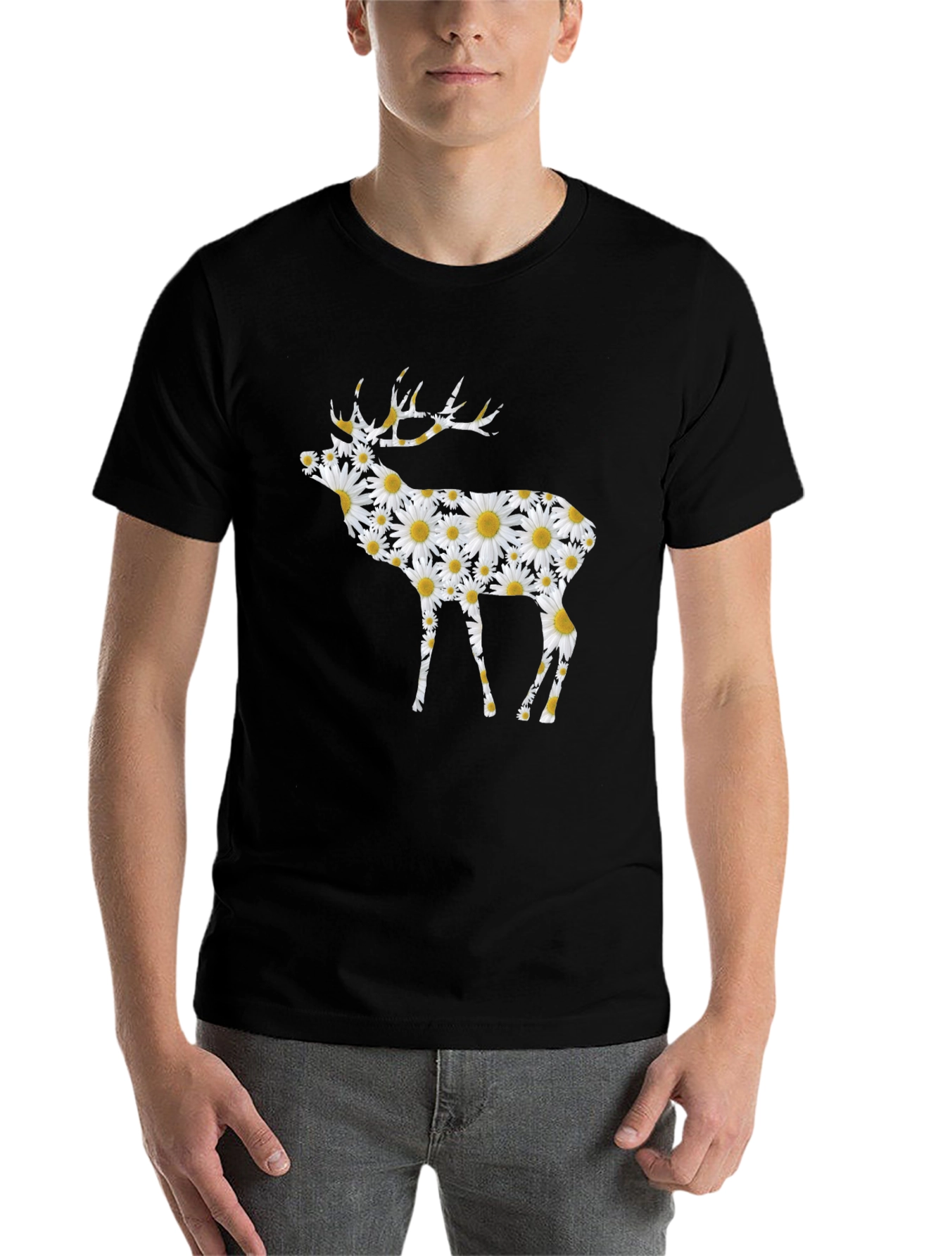 Black Floral Deer Print Black T-Shirt view 7