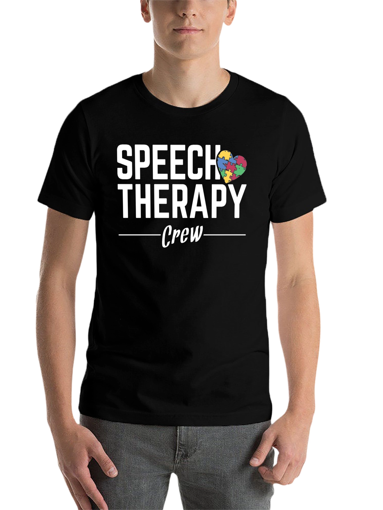 Black Speech Therapy Crew Autism Awareness T-Shirt view 7