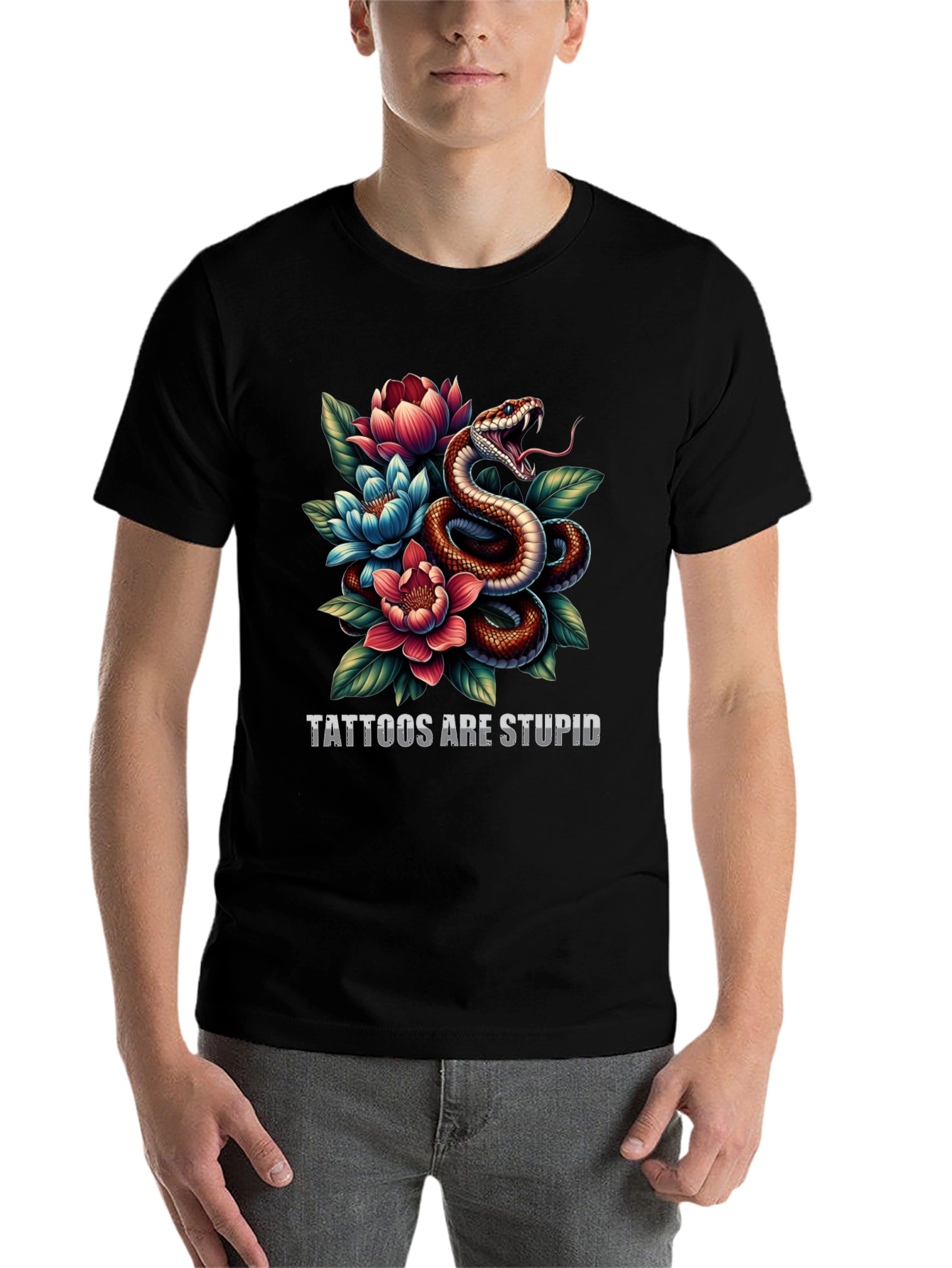 Black Snake & Floral Graphic Tee - Tattoos are Stupid view 7