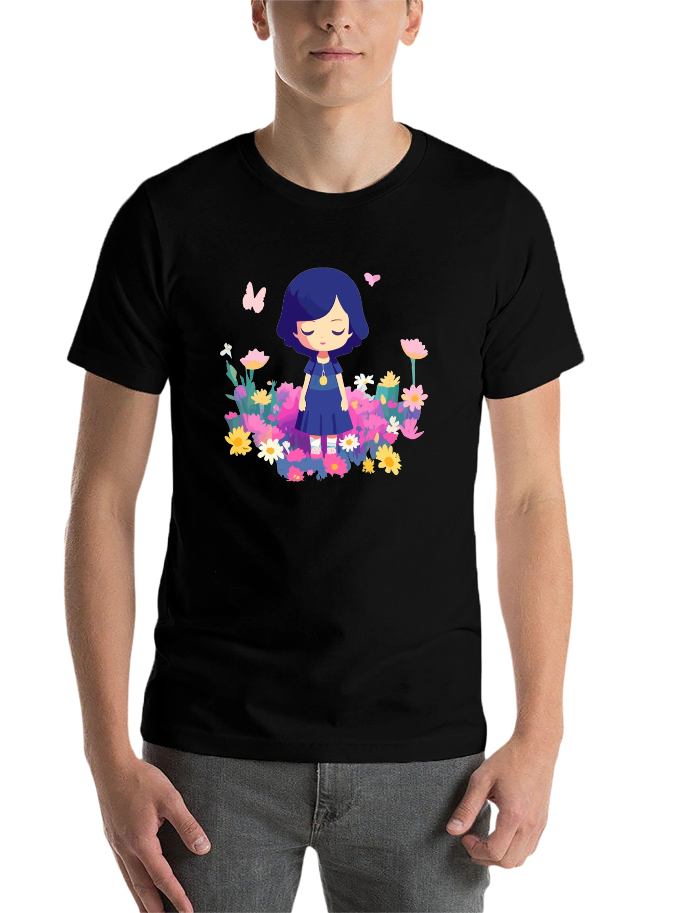 Black Floral Cartoon Graphic Black T-Shirt view 7