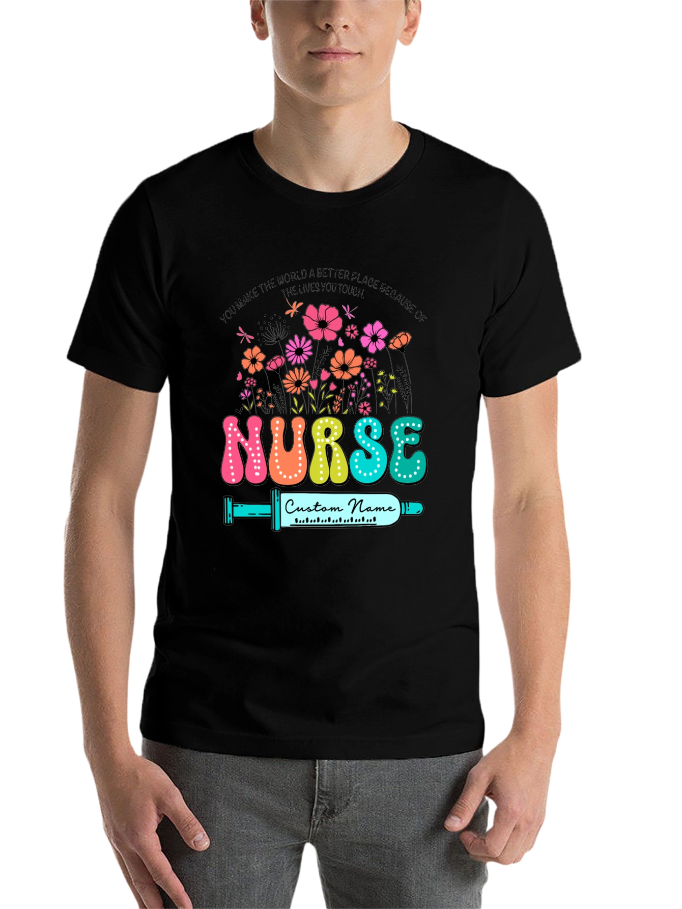 Black Floral Nurse Custom Name T-Shirt view 7