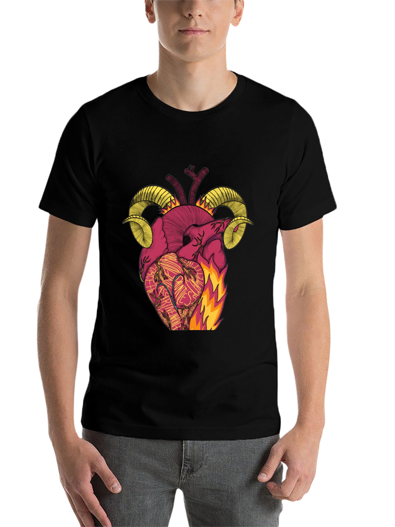 Black Fiery Heart Ram Horn Graphic Tee view 7
