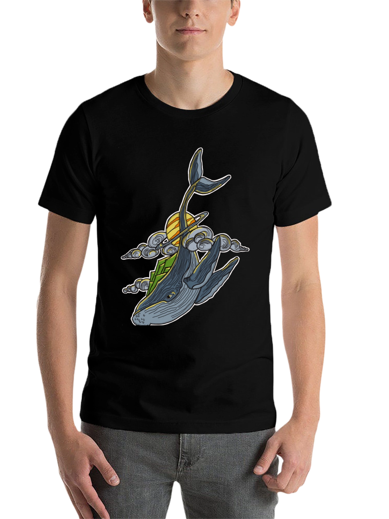 Black Whimsical Whale T-Shirt - Celestial Ocean Design view 7