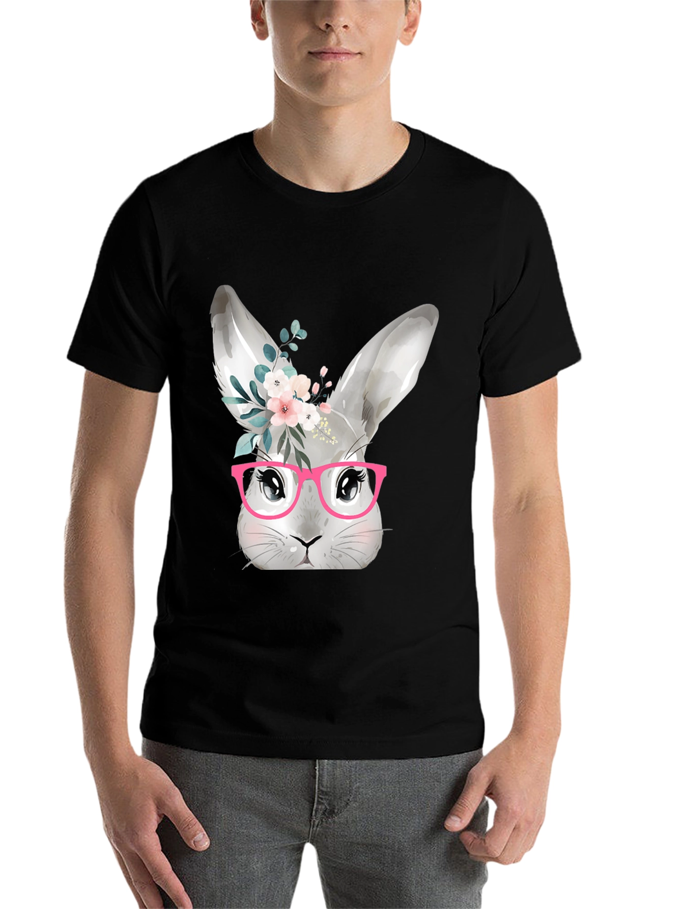 Black Cute Bunny with Glasses T-Shirt - Black view 7