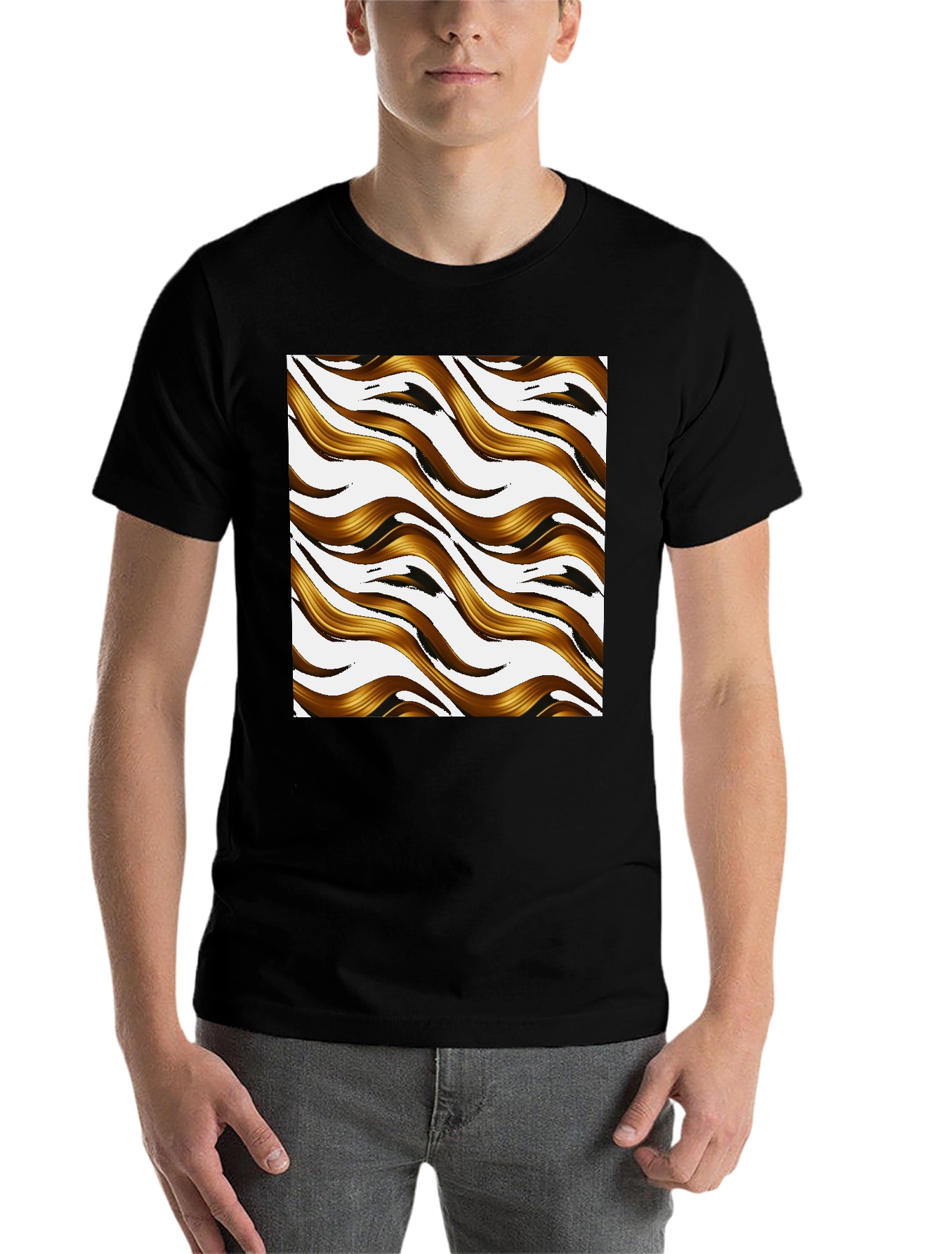 Black Golden Waves Graphic Print Black T-Shirt view 7