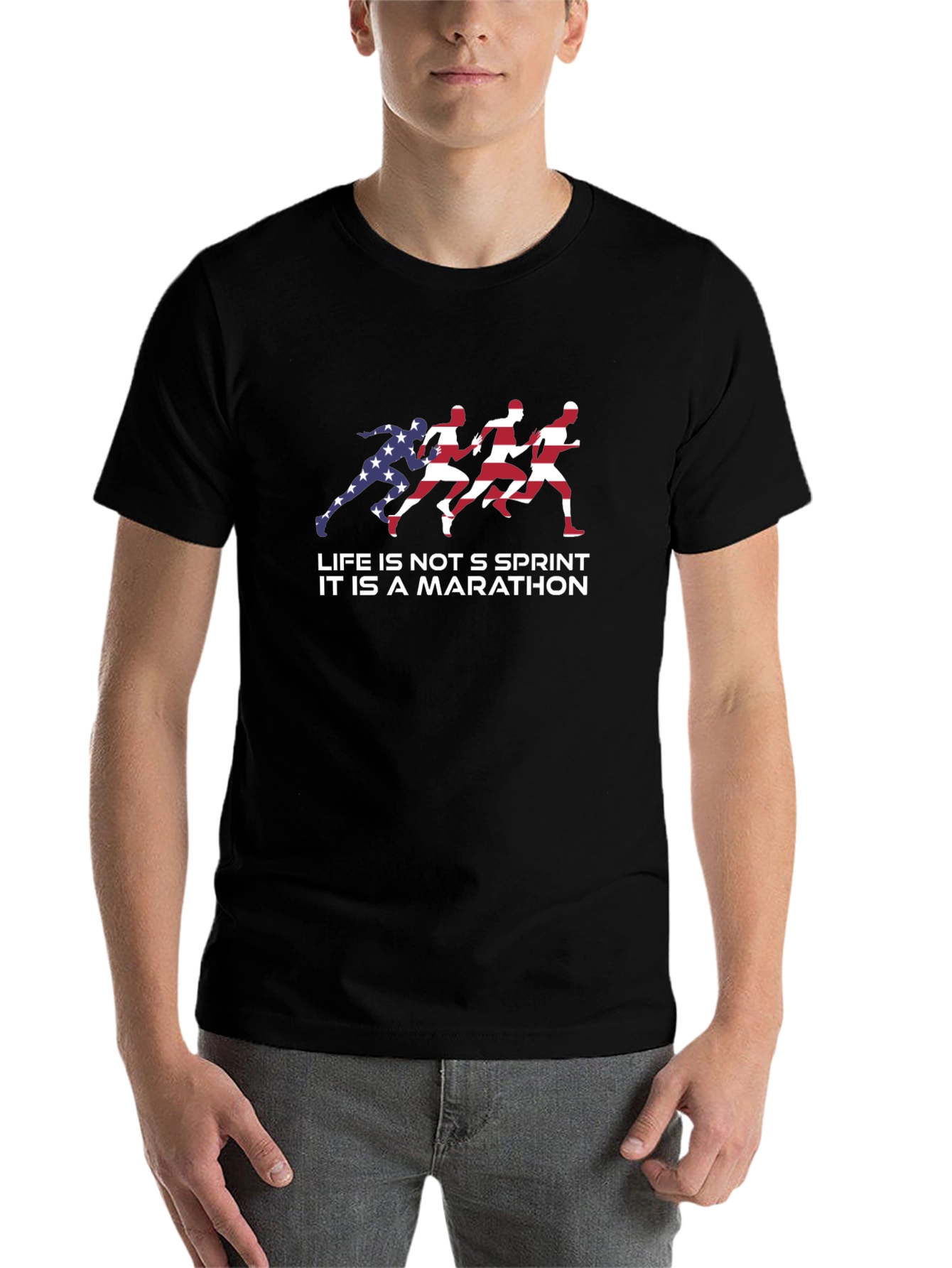 Black Motivational Marathon Runner USA Flag T-Shirt view 7