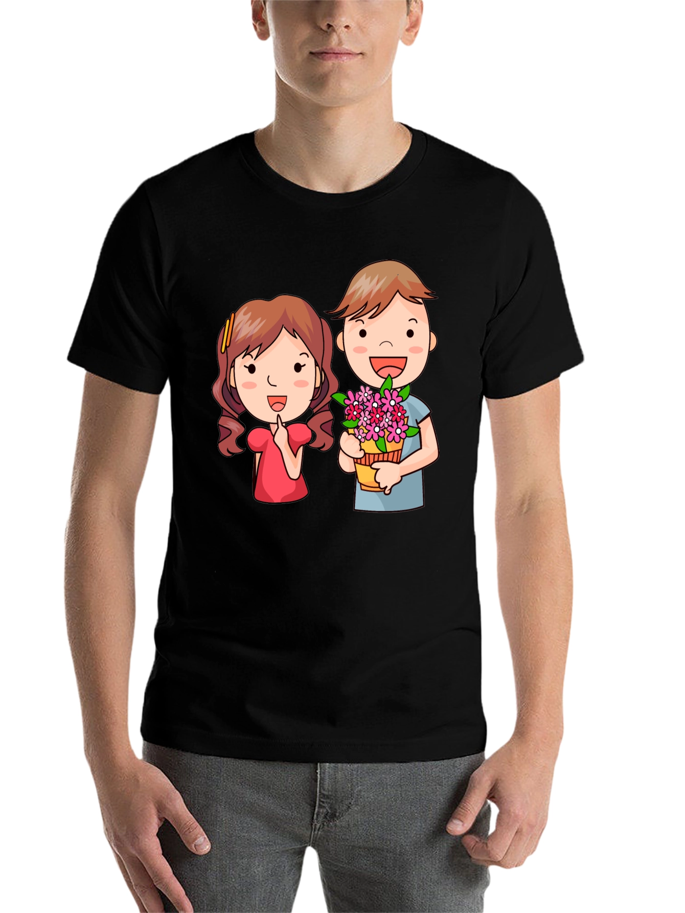 Black Cute Cartoon Couple Graphic T-Shirt view 7