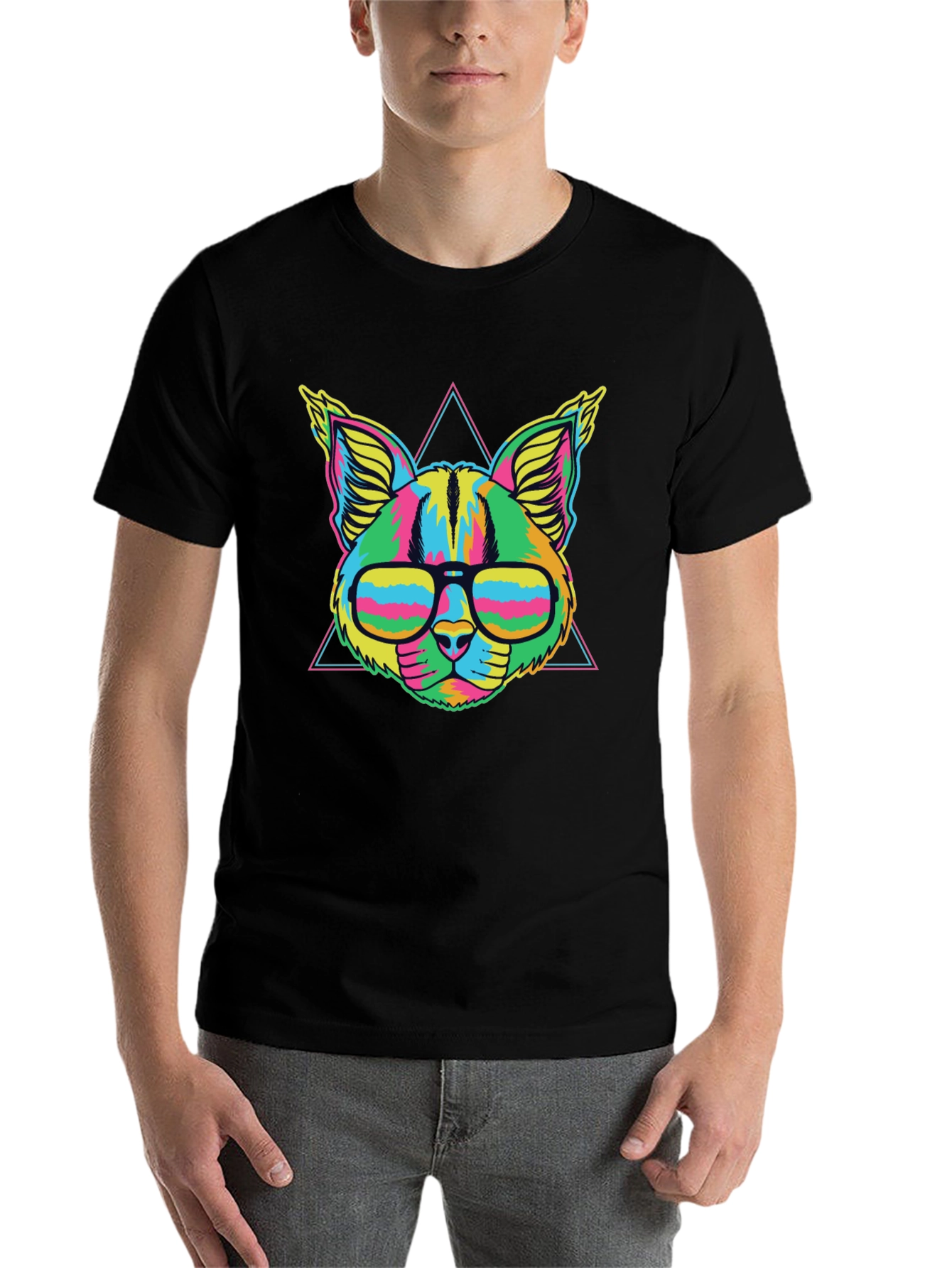 Black Vibrant Neon Cat T-Shirt with Glasses view 7