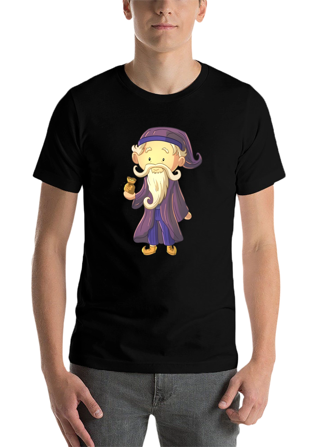 Black Cartoon Wizard Graphic Tee - Black Cotton T-Shirt view 7
