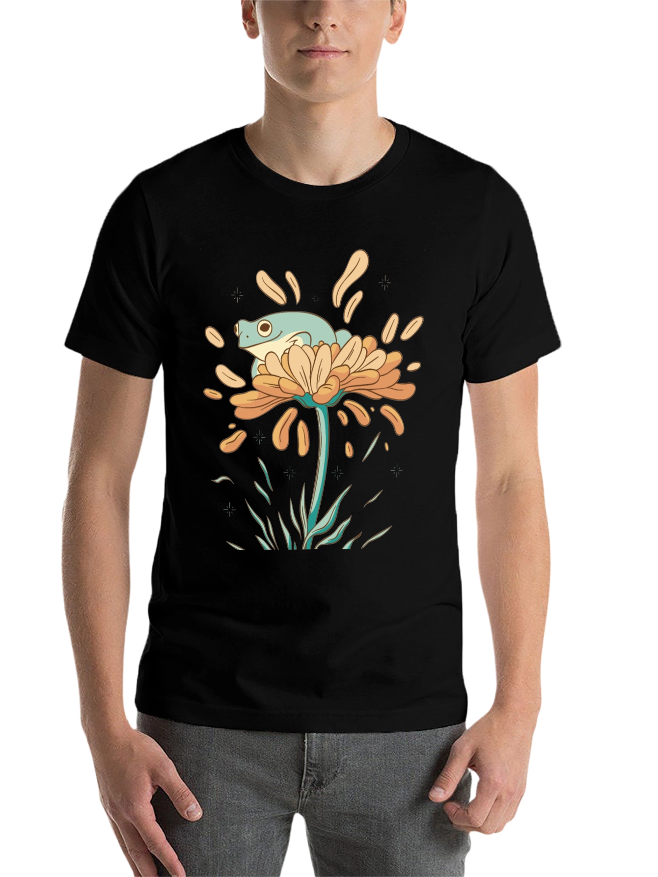 Black Frog on Flower Graphic Tee - Black Cotton T-Shirt view 7