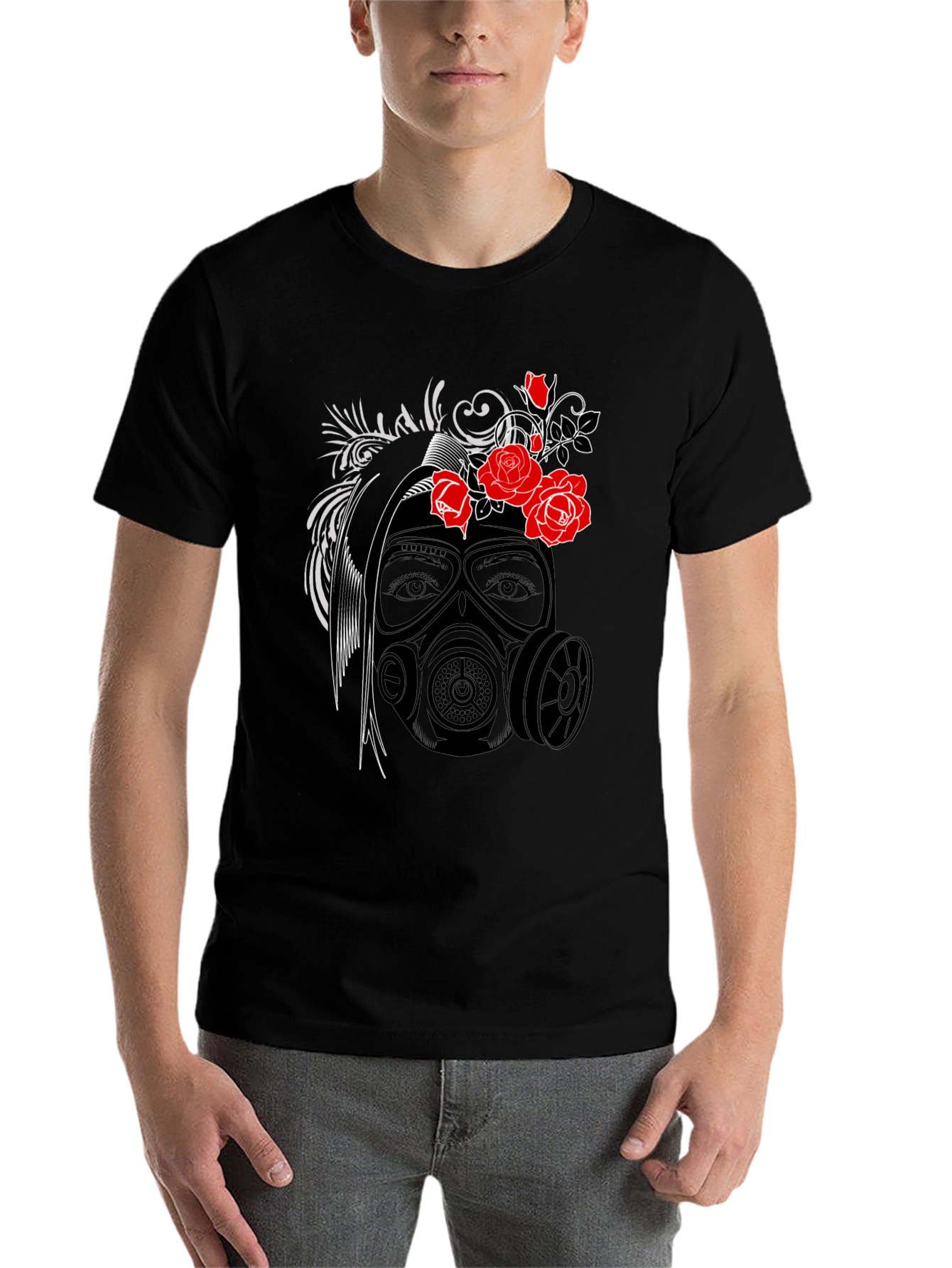 Black Gas Mask Rose Graphic T-Shirt view 7