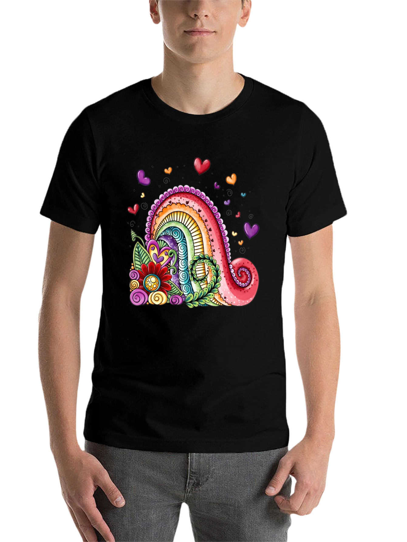 Black Colorful Rainbow Hearts Graphic Tee view 7