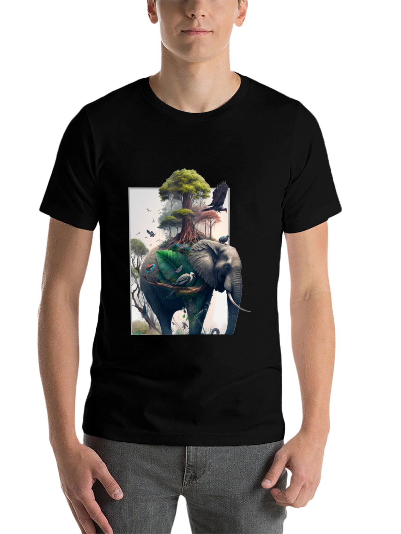 Black Nature Elephant Print Black T-Shirt view 7