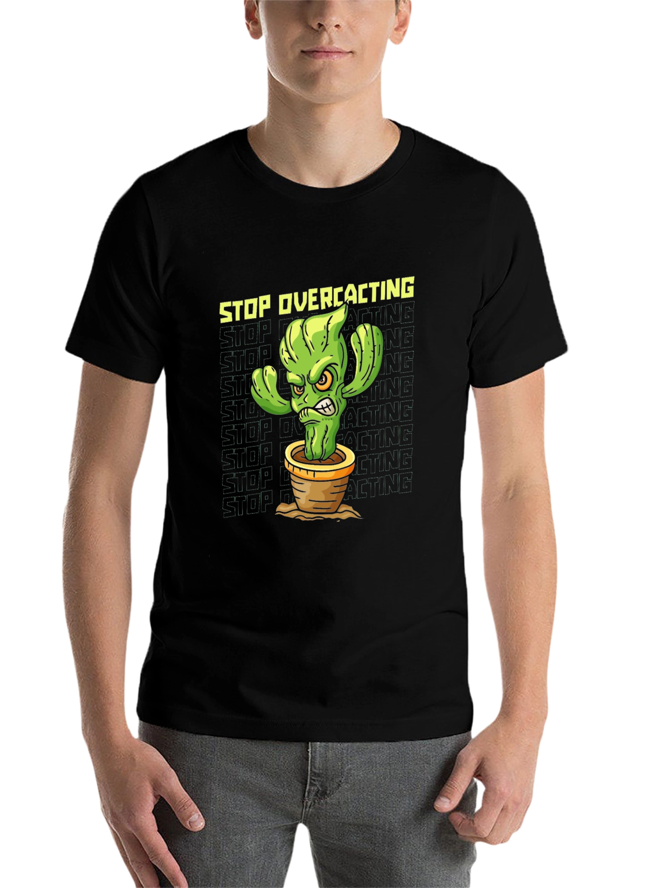 Black Stop Overcacting T-Shirt - Funny Cactus Graphic Tee view 7