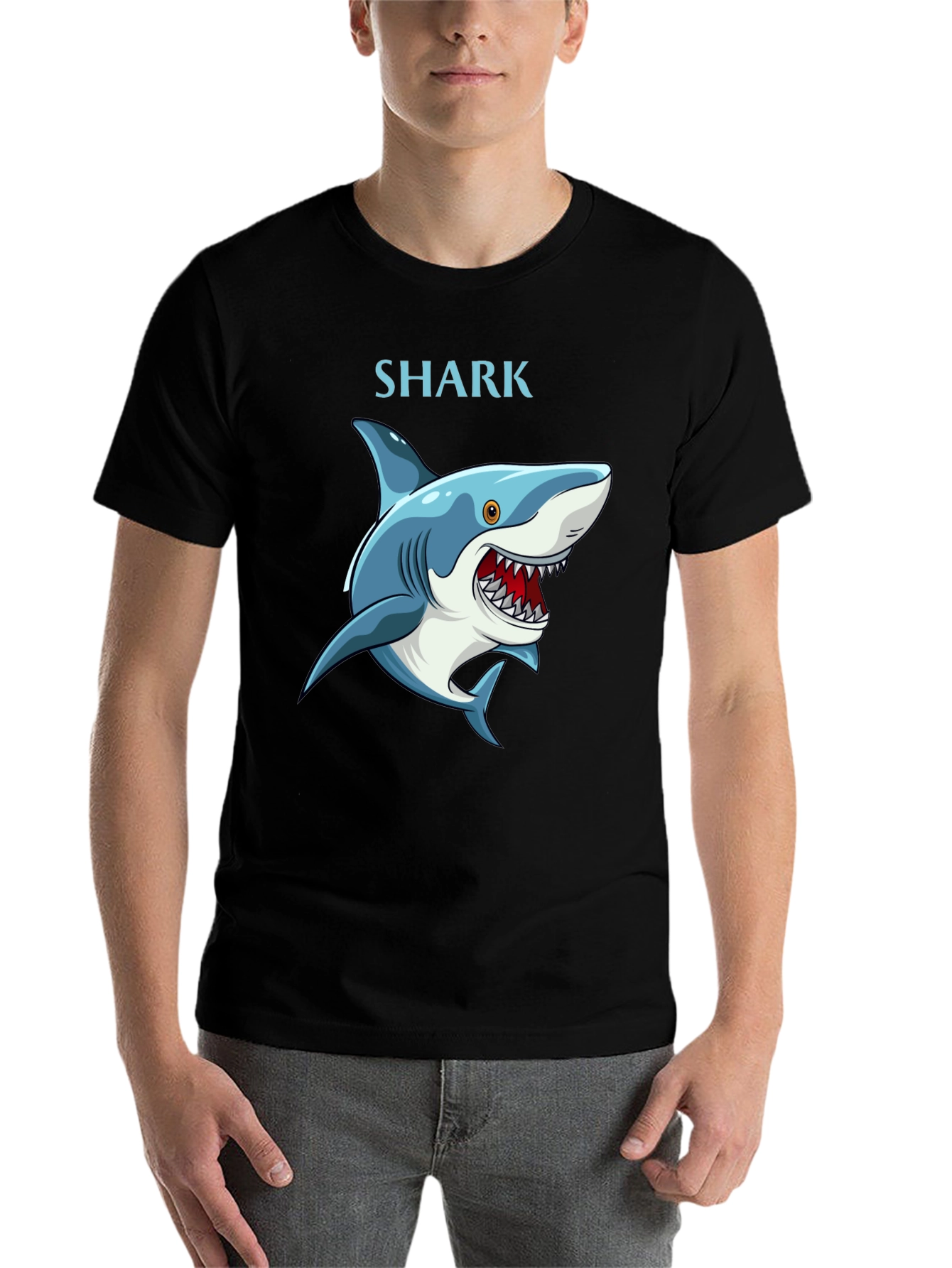 Cartoon Shark Graphic T-Shirt - Black Cotton Tee - 7