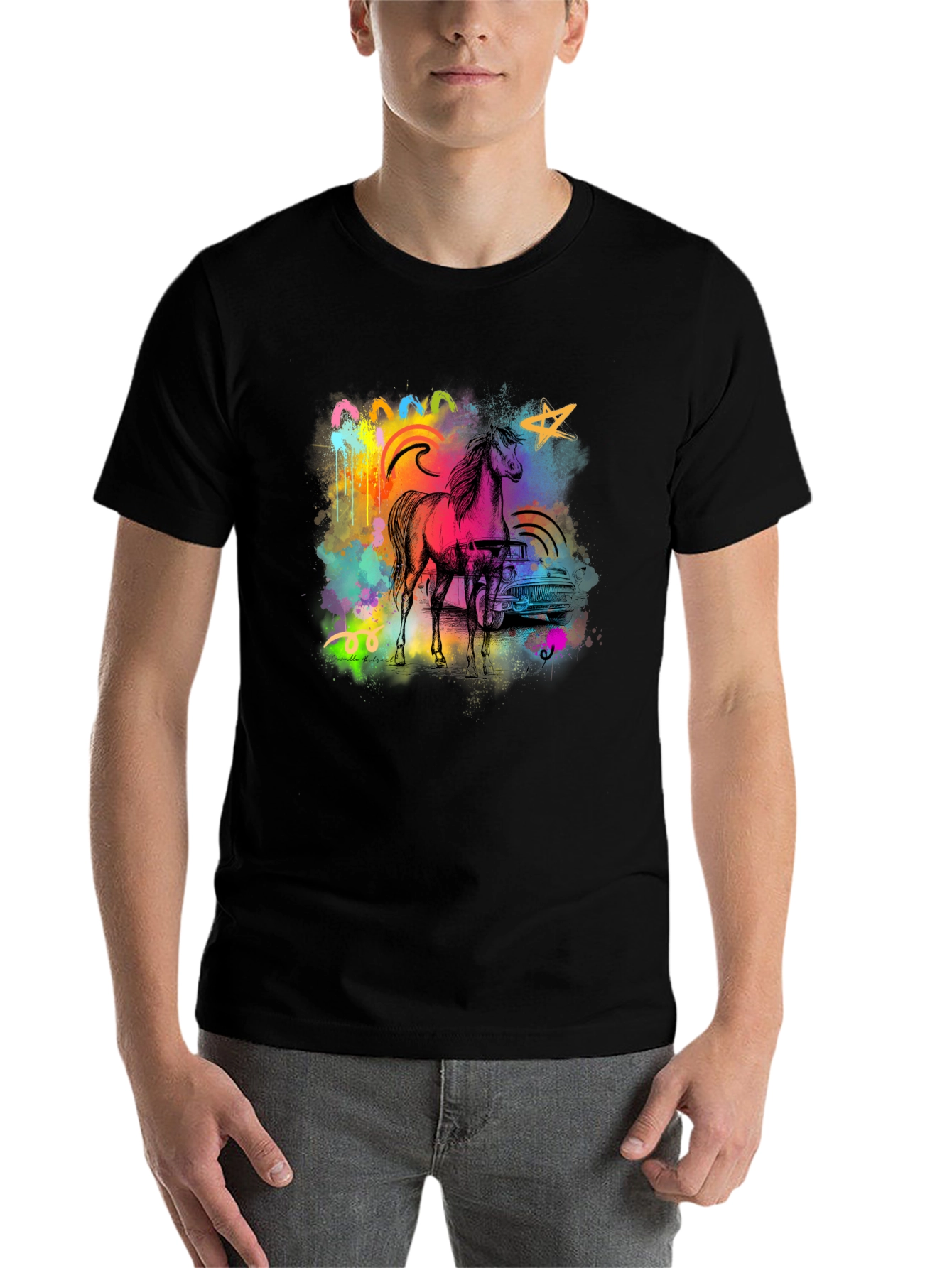 Black Vibrant Horse & Car Graphic Print Black T-Shirt view 7