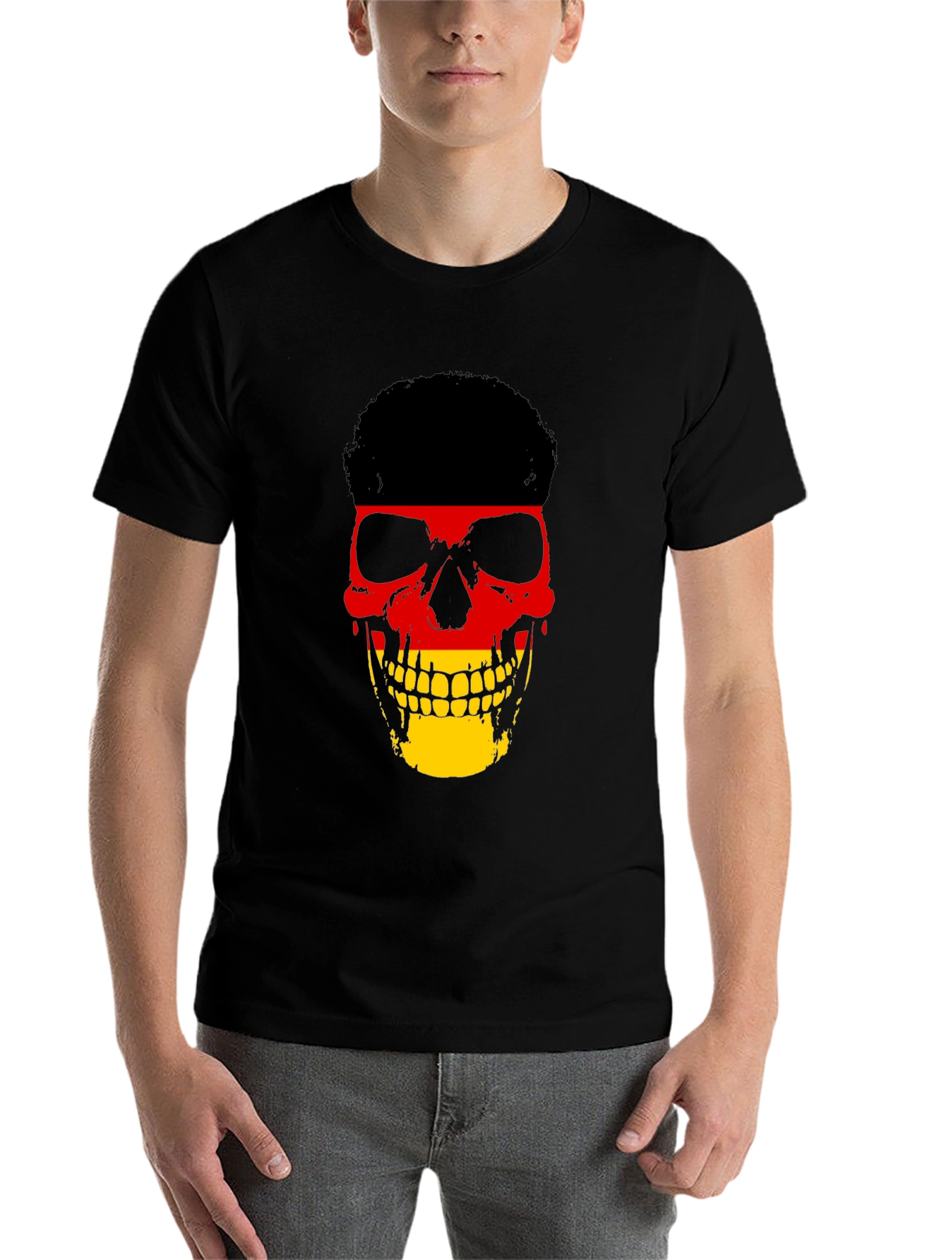 Black German Flag Skull Graphic Tee - Black Cotton T-Shirt view 7