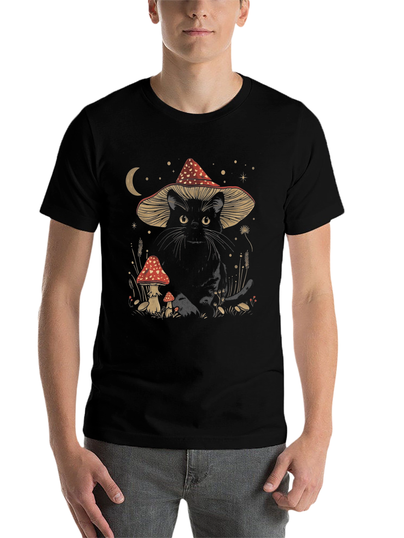 Black Cat in Mushroom Hat T-Shirt - Whimsical Graphic Tee view 7