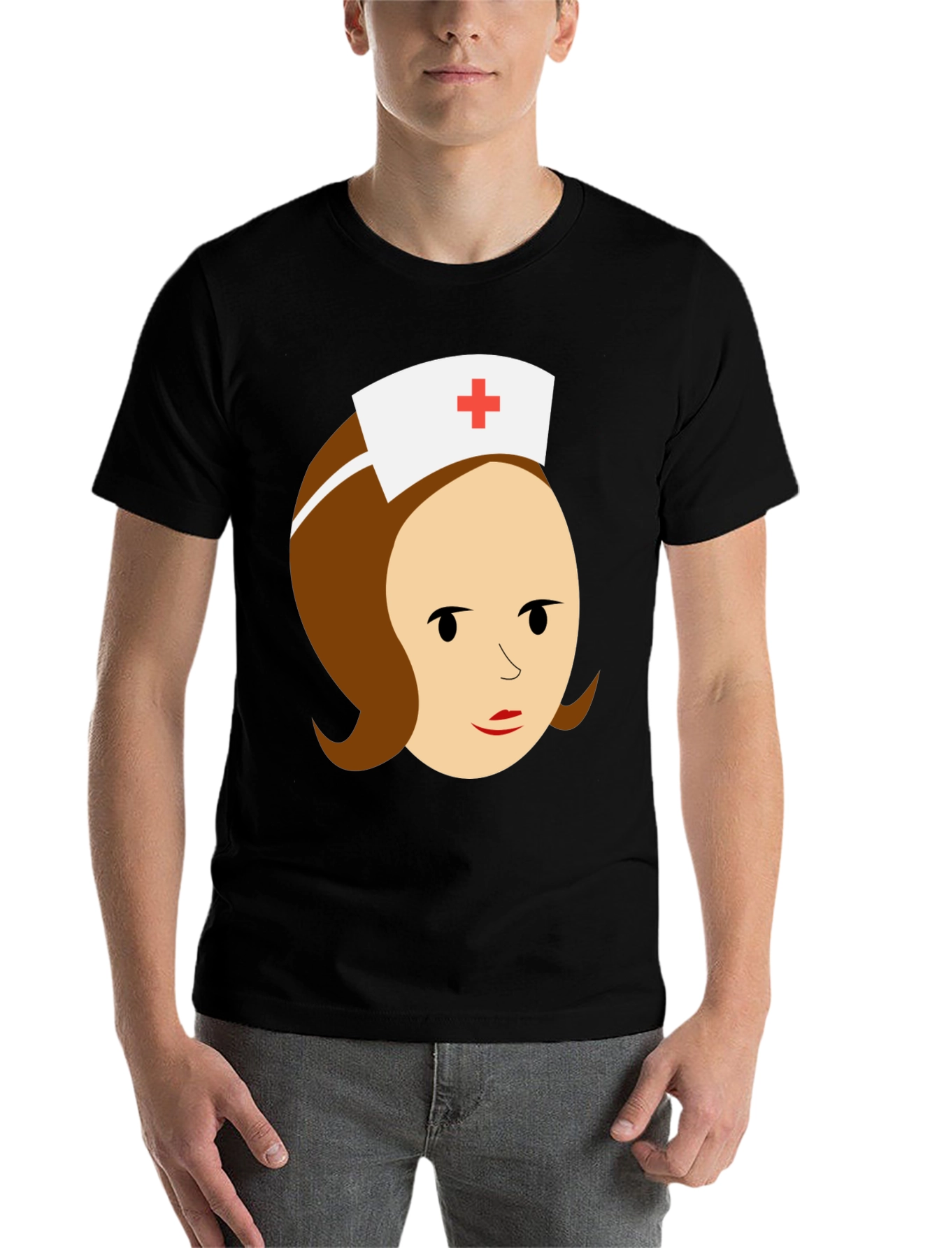 Black Cartoon Nurse Graphic Tee - Black Cotton T-Shirt view 7