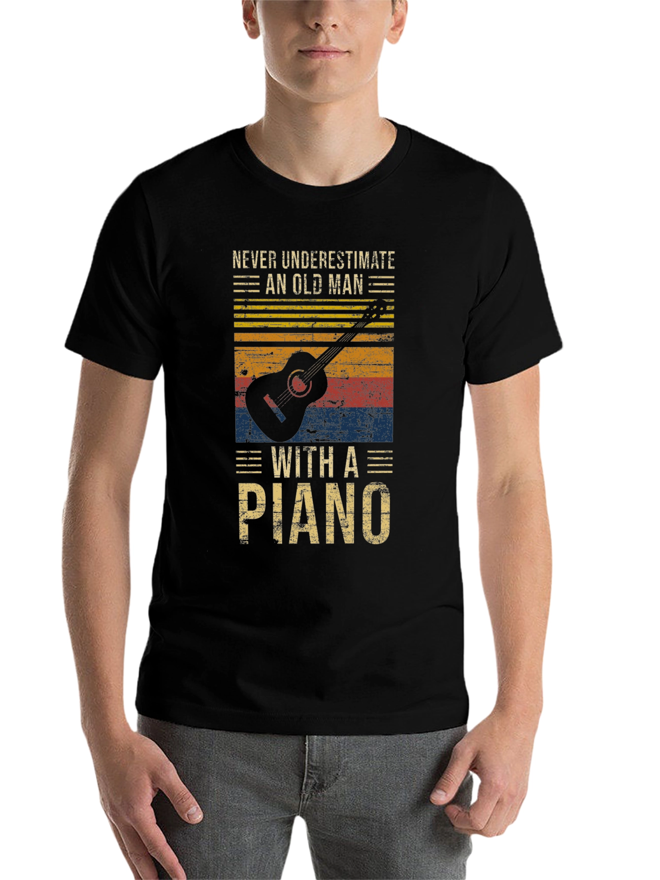 Black Never Underestimate Old Man with a Piano Graphic T-Shirt view 7