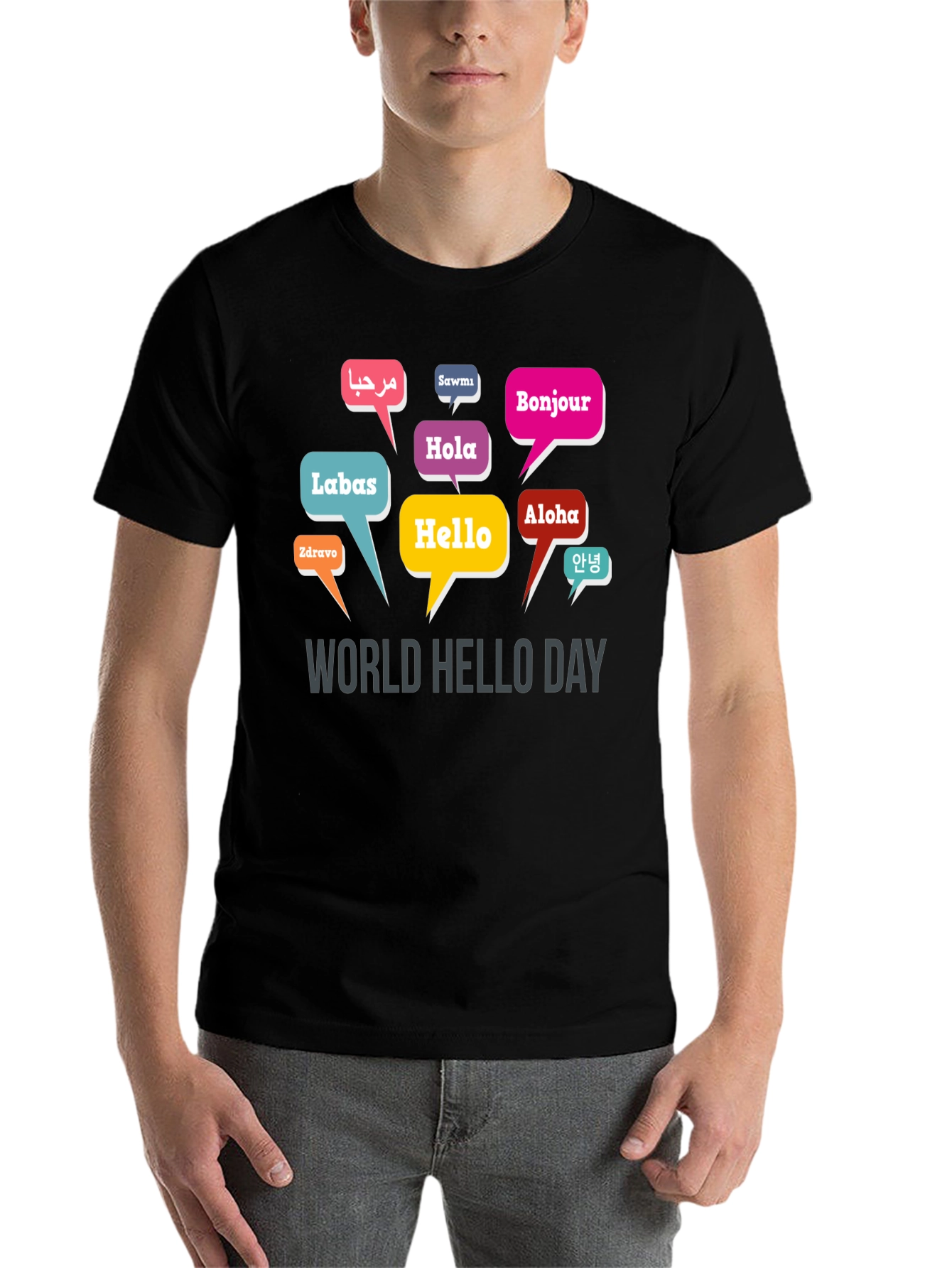 Black World Hello Day T-Shirt - Multilingual Greetings view 7