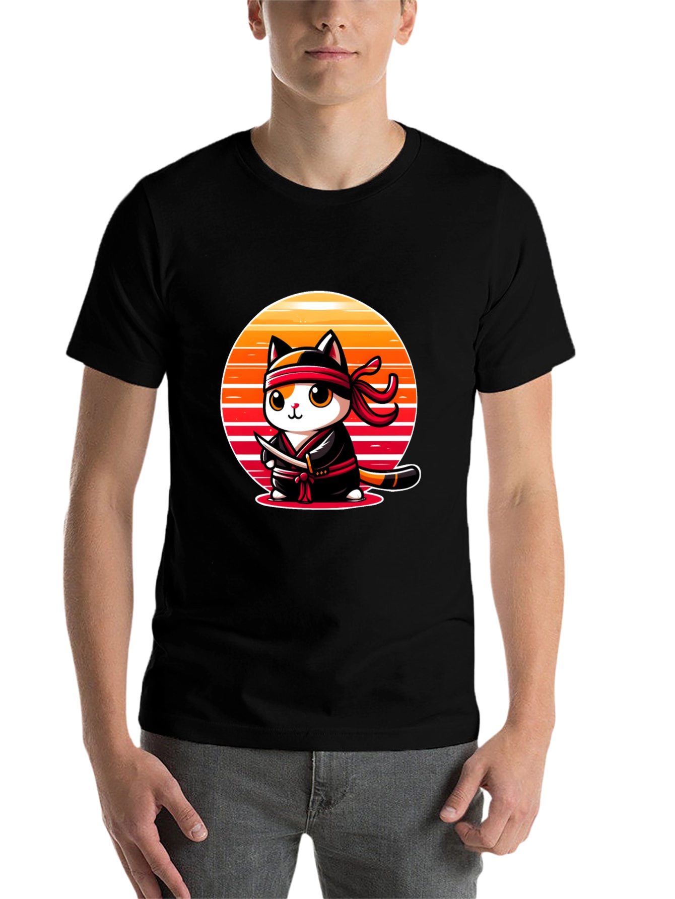 Black Ninja Cat T-Shirt: Sunset Samurai Kitten view 7