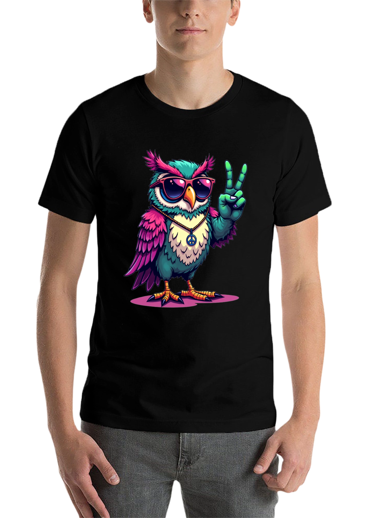 Black Cool Owl Peace Sign T-Shirt view 7