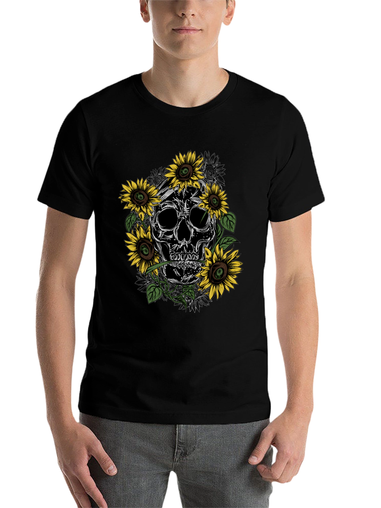 Black Skull & Sunflower Graphic Tee - Men's Black T-Shirt view 7