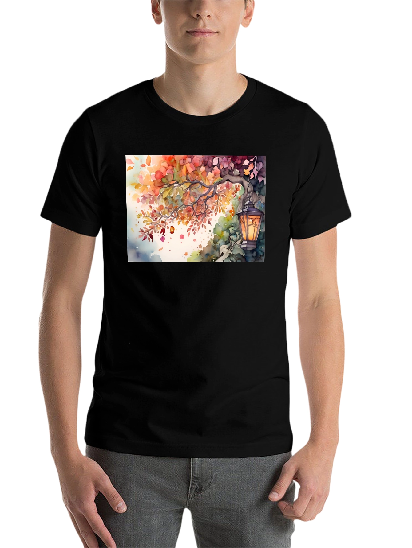 Black Watercolor Autumn Scene T-Shirt view 7