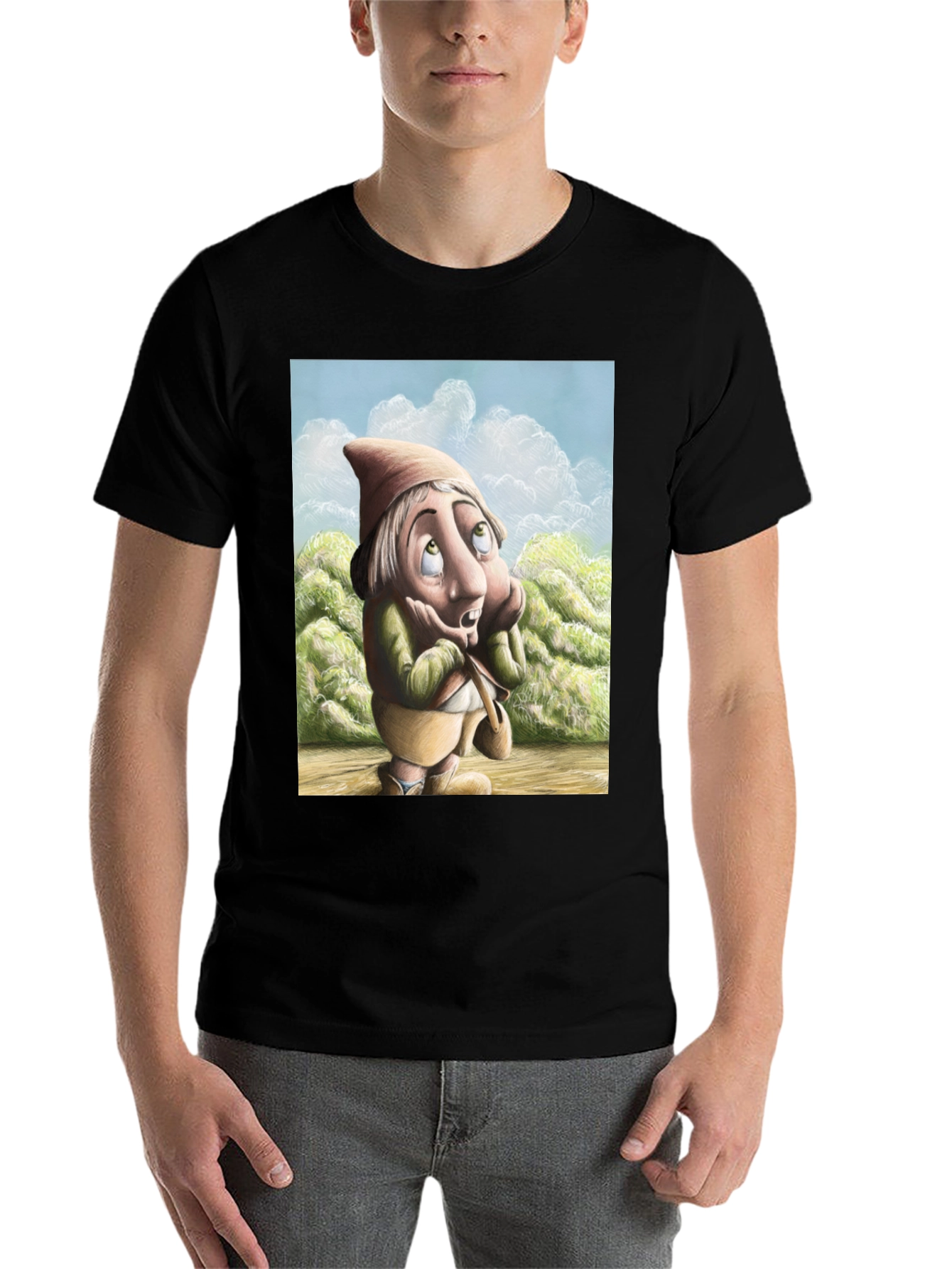 Black Whimsical Gnome T-Shirt - Unique Cartoon Design view 7